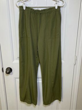 Haute Monde Olive Green Large Linen-Blend Wide-Leg Pants Drawstring Waist